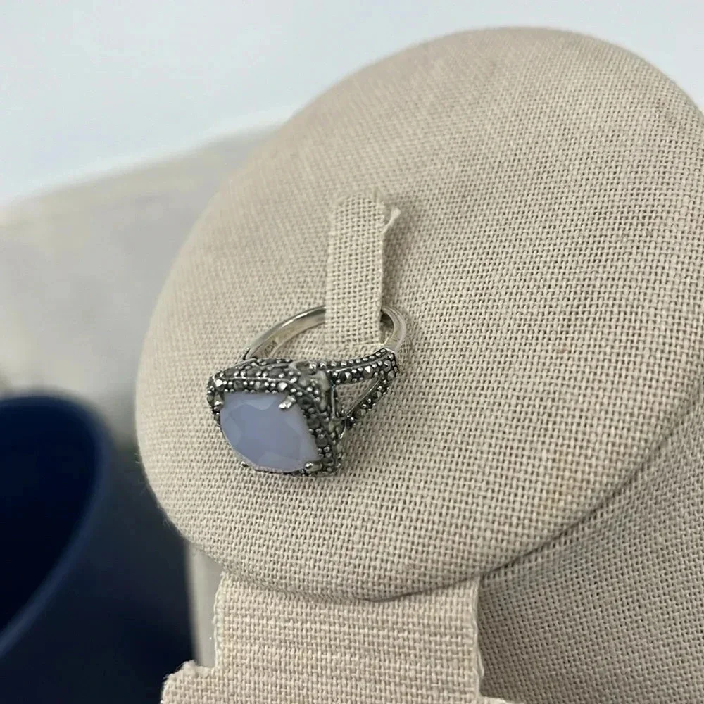 💎 Rare QVC Sterling Silver Gray Chalcedony & Marcasite Ring - Size 7 - Picture 8 of 17